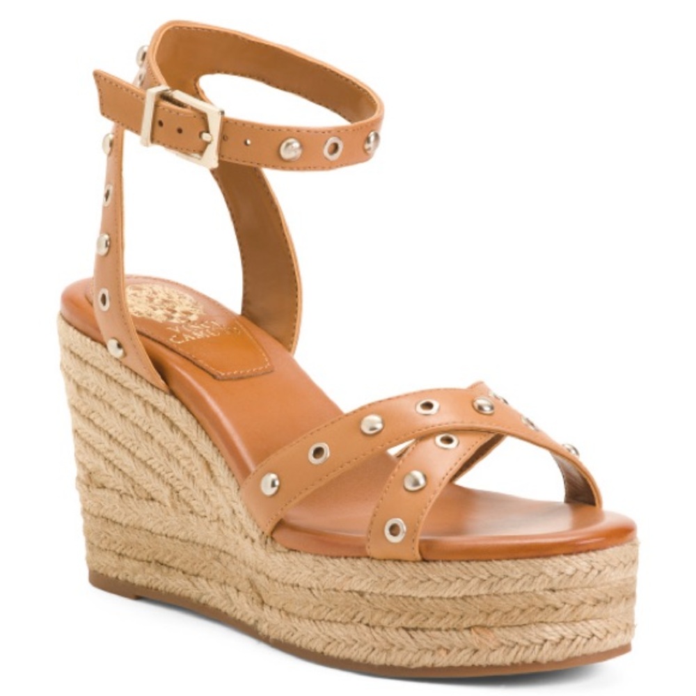 NEW VINCE CAMUTO Feegella Studded Ankle-Strap Platform Wedge Sandals sz 9.5